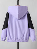 Girls Chevron Color Block Hooded Fleece Lined Windbreaker Jacket For Teen Kids Autumn And Winter