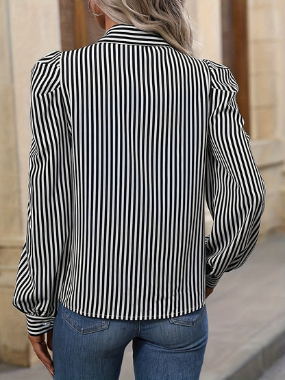 Stripe Print Polo Collar Button Blouse, Casual Long Sleeve Blouse For Spring & Fall, Women's Clothing