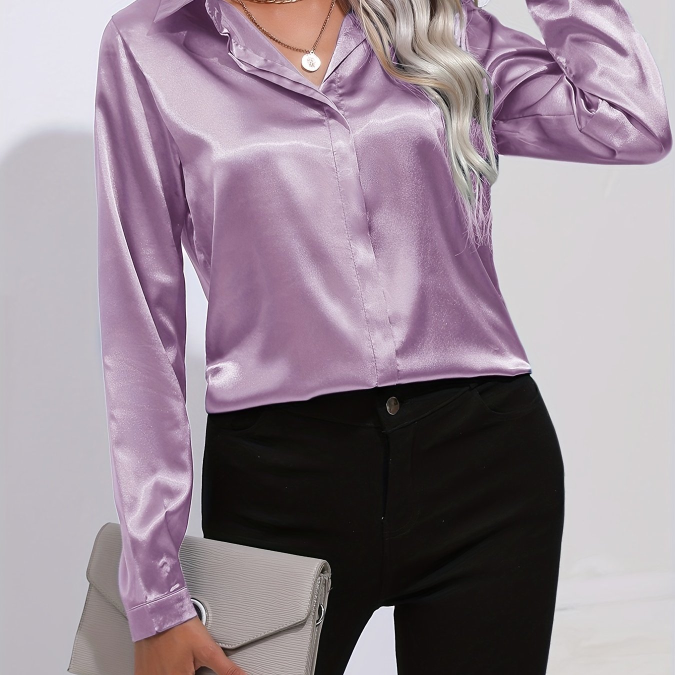 vlovelawElegant Satin Blouse, Collar Long Sleeve Work Blouse, Women's Clothing
