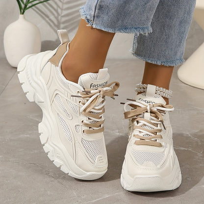vlovelaw  Women's Mesh Chunky Sneakers, Breathable Trendy Low Top Running Trainers, Casual Lace Up Sports Shoes
