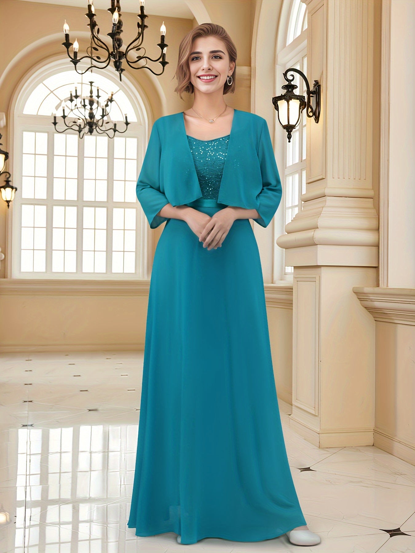 vlovelaw  Solid Color Two-piece Dress Set, Open Front Three-quarter Sleeve Cardigan & Sleeveless A-line Dress Outfits, Women's Clothing