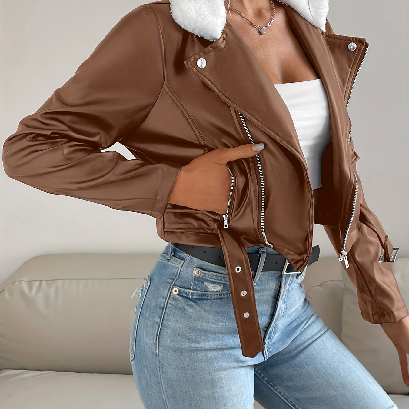 Zip Up PU Leather Jacket, Casual Long Sleeve Solid Outerwear, Women's Clothing