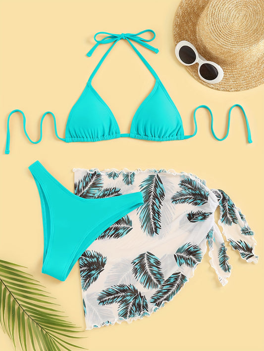 Three-Piece Bikini Set - Flattering Halter Neck Design, Ultra Quick-Drying Technology, Comfortable Four-Way Stretch Fabric - Designed for Women, Vibrant Feather Print Pattern, Matching Cover Up Skirt, Perfect for Beachwear and Poolside Fashion