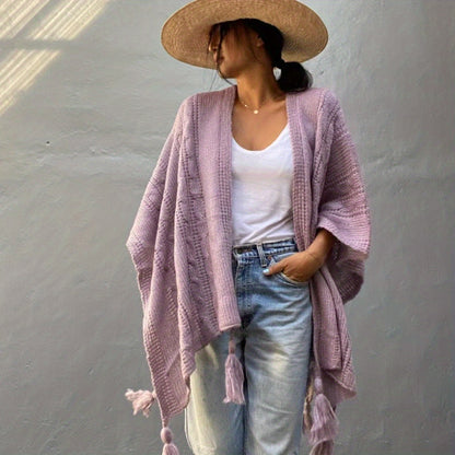vlovelaw  Ribbed Knitted Tassel Shawl Warm Windproof Wrap Poncho Boho Solid Color Cloak Trendy Sweater Cape Cardigan