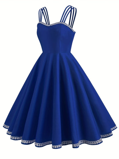 vlovelaw Solid Spaghetti Strap Dress, Vintage A Line Sleeveless Party Dress, Women's Clothing