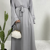 vlovelaw  Solid Belted Abaya Kaftan Dress, Elegant Ankle Length Long Sleeve Dress, Women's Clothing