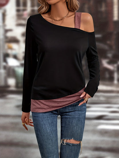 Colorblock Cold Shoulder T-Shirt, Casual Long Sleeve Top For Spring & Fall, Women's Clothing