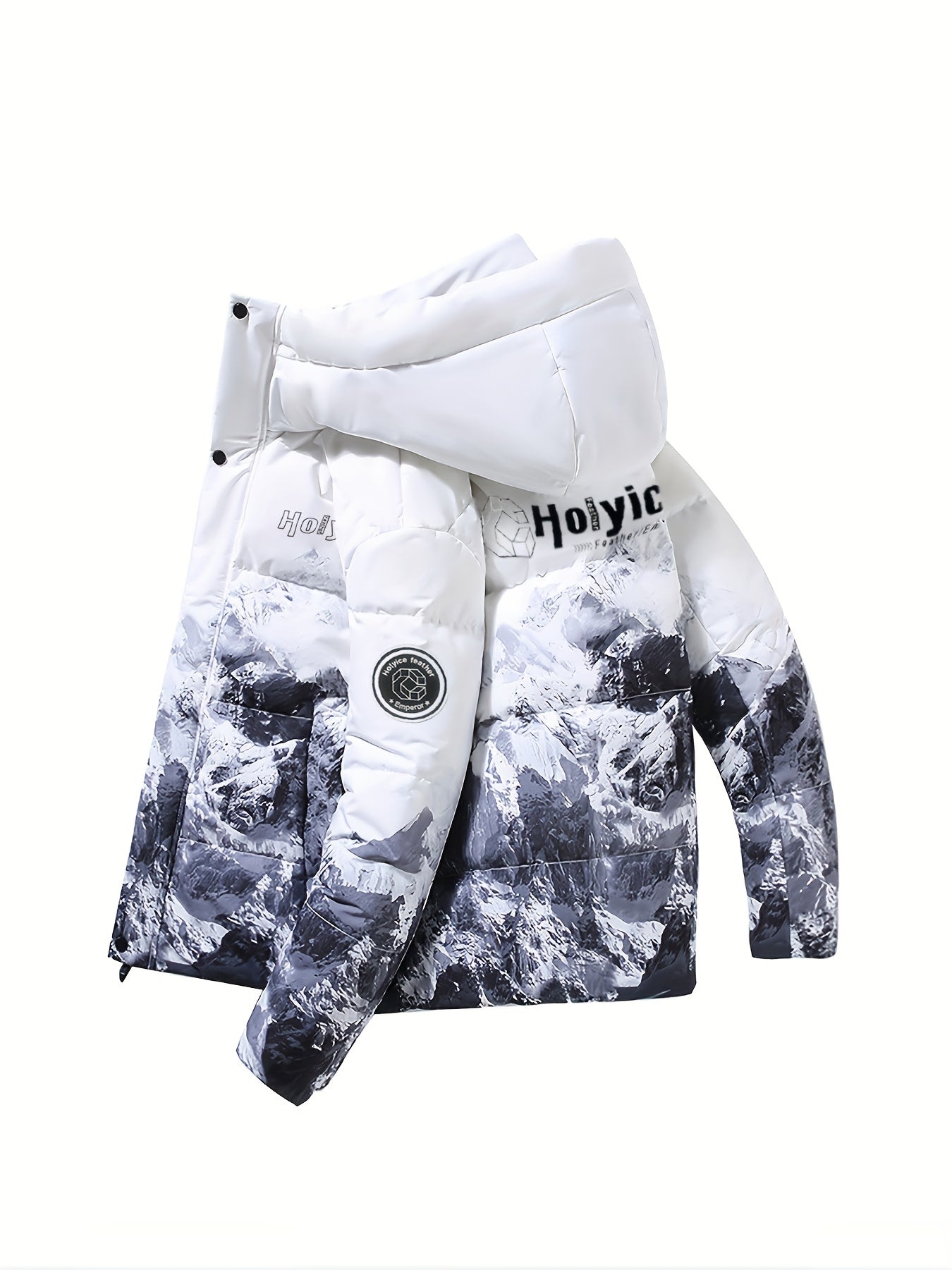 Mountain Printed Zipper Hooded Jacket, Casual Long Sleeve Winter Outerwear, Women's Clothing