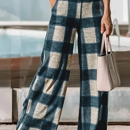 Plaid High Waist Wide Leg Pants, Casual Pants For Spring & Fall, Women's Clothing