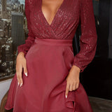vlovelaw  Contrast Sequin V Neck Dress, Elegant Long Sleeve Party Dress, Women's Clothing