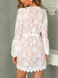 vlovelaw  Plunging V-neck Scallop Trim Lace Dress, Sexy Beach Wear Cover Up Dress, Women's Clothing