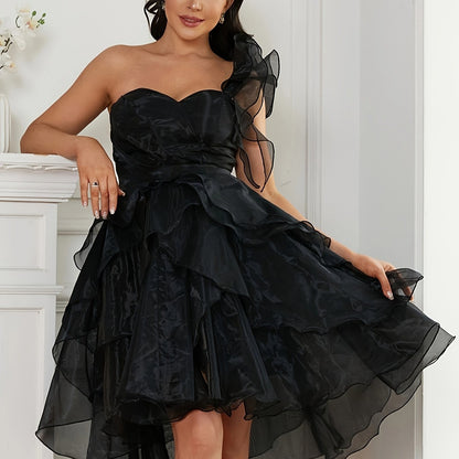 vlovelaw  One Shoulder Ruffle Trim Dress, Elegant A-line Mesh Overlay Evening Dress For Party & Banquet, Women's Clothing
