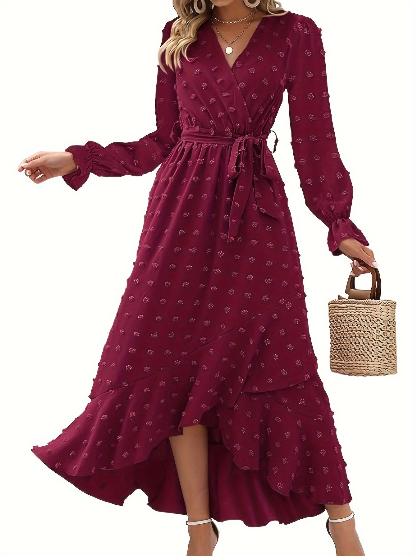 vlovelaw  Solid Color Pleated Hem Dress, Elegant Belt Cross Surplice Neck Long Sleeve Dress, Women's Clothing