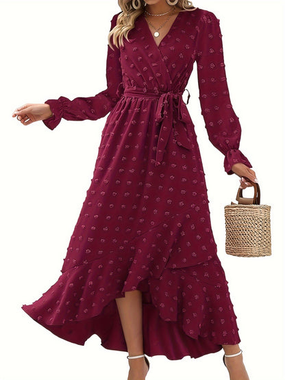 vlovelaw  Solid Color Pleated Hem Dress, Elegant Belt Cross Surplice Neck Long Sleeve Dress, Women's Clothing