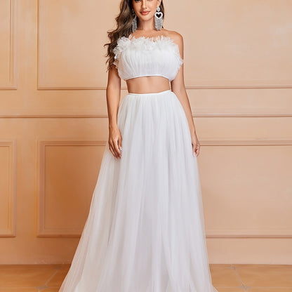 vlovelaw  Mesh Ruffle Trim Matching Two-piece Skirt Set, Elegant Crop Sleeveless Tube Top & High Waist Loose Skirt Outfits, Women's Clothing