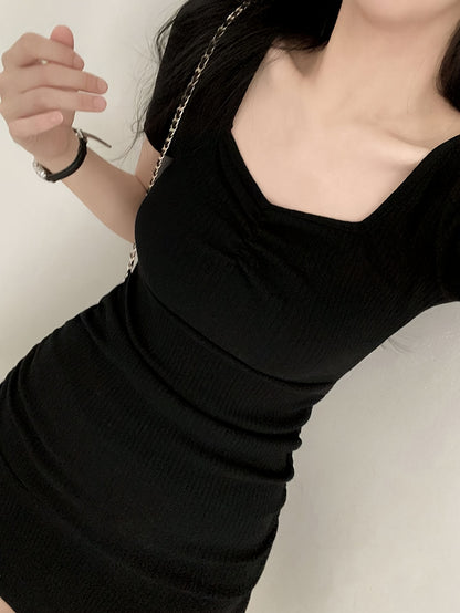vlovelaw  Solid V Neck A-line Mini Dress, Chic Short Sleeve Dress For Spring & Summer, Women's Clothing