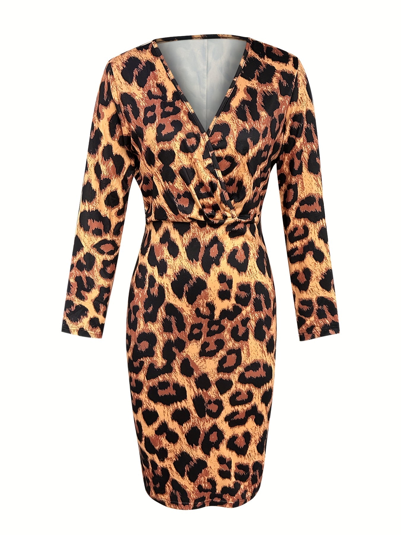 vlovelaw  Leopard Print Bodycon Dress, Sexy Long Sleeve Surplice Neck Dress, Women's Clothing