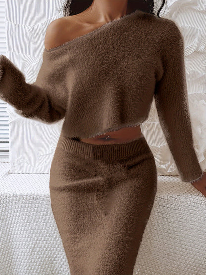 vlovelaw  Solid Knitted Casual Two-piece Set, Slant Shoulder Crop Top & Elastic Waist Skirt Outfits, Women's Clothing