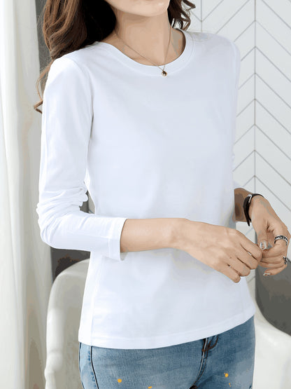 vlovelaw  Solid Color Crew Neck T-Shirt, Casual Long Sleeve T-Shirt For Spring & Fall, Women's Clothing