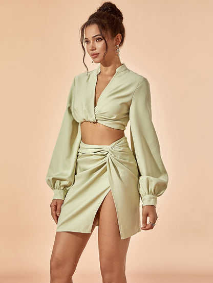 vlovelaw Twist Solid Color Two-piece Skirt Set, V Neck Lantern Sleeve Crop Top & Split Thigh Skirt Outfits, Women's Clothing