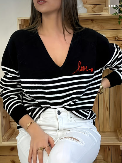 Striped V Neck Pullover Sweater, Casual Long Sleeve Sweater For Spring & Fall, Women's Clothing