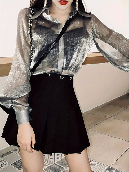 Solid Shiny Button Front Blouse, Versatile Lantern Sleeve Blouse For Spring & Fall, Women's Clothing