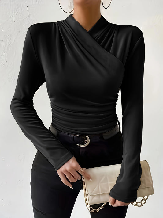 vlovelaw  Solid Color Ruched T-Shirt, Casual Long Sleeve Top For Spring & Fall, Women's Clothing