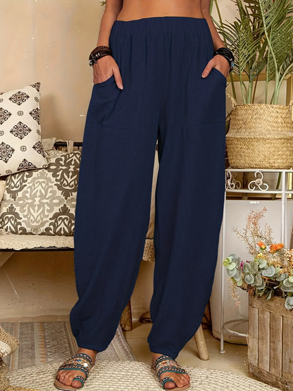Pockets Baggy Harem Pants, Casual Loose Elastic Waist Pants, Women's Clothing