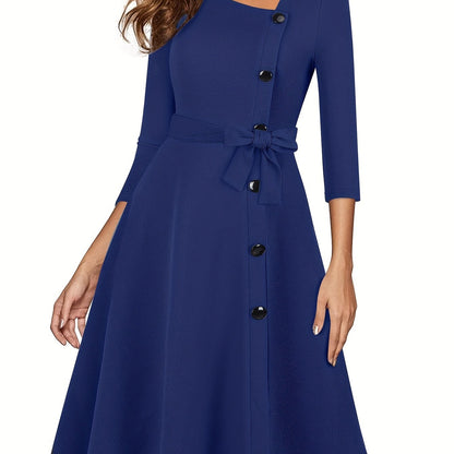 vlovelaw  Asymmetrical Neck Solid Dress, Elegant 3/4 Sleeve Mini Dress, Women's Clothing