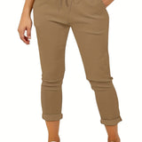 vlovelaw  Plus Size Casual Pants, Women's Plus Solid Drawstring Roll Up Hem Slight Stretch Pants