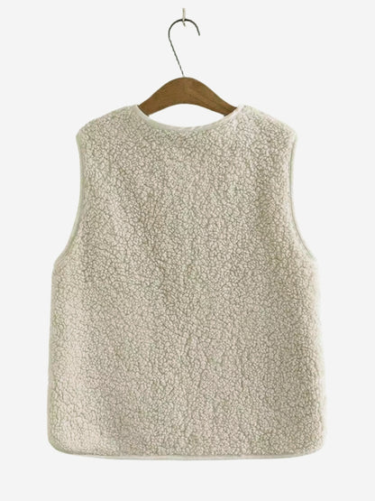Solid Button Front Vest, Casual Sleeveless Vest With Pockets, Women's Clothing
