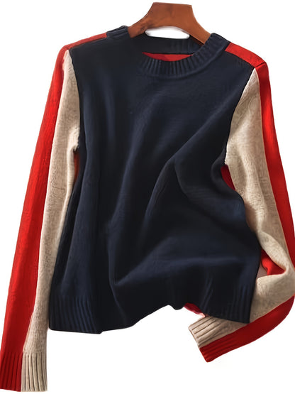 xieyinshe  Color Block Crew Neck Pullover Sweater, Casual Long Sleeve Basic Sweater, Women's Clothing