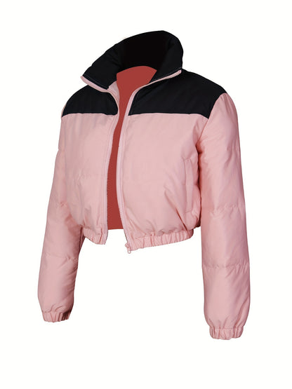 vlovelaw  Two Tone Zip Up Crop Parka, Winter & Fall Long Sleeve Casual Coat, Women's Clothing