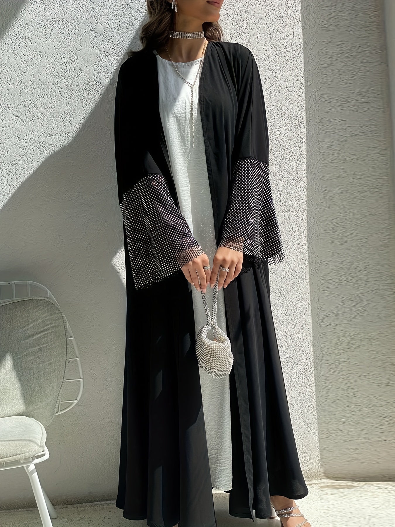 Rhinestoned Mesh Splicing Kaftan Abayas, Elegant Open Front Cover Up Maxi Length Outwear, Women's Clothing