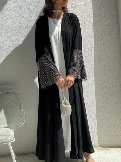 Rhinestoned Mesh Splicing Kaftan Abayas, Elegant Open Front Cover Up Maxi Length Outwear, Women's Clothing