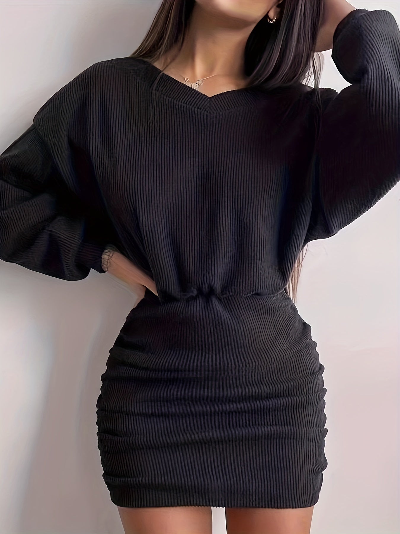 vlovelaw  Ruched Bodycon Dress, Sexy Long Sleeve Bag Hip Mini Dress, Women's Clothing