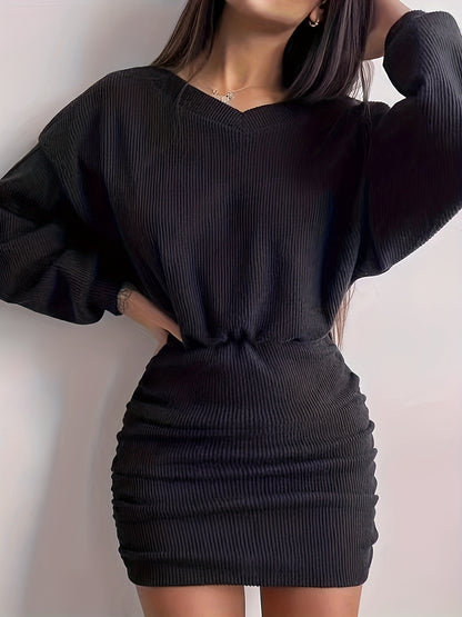 vlovelaw  Ruched Bodycon Dress, Sexy Long Sleeve Bag Hip Mini Dress, Women's Clothing