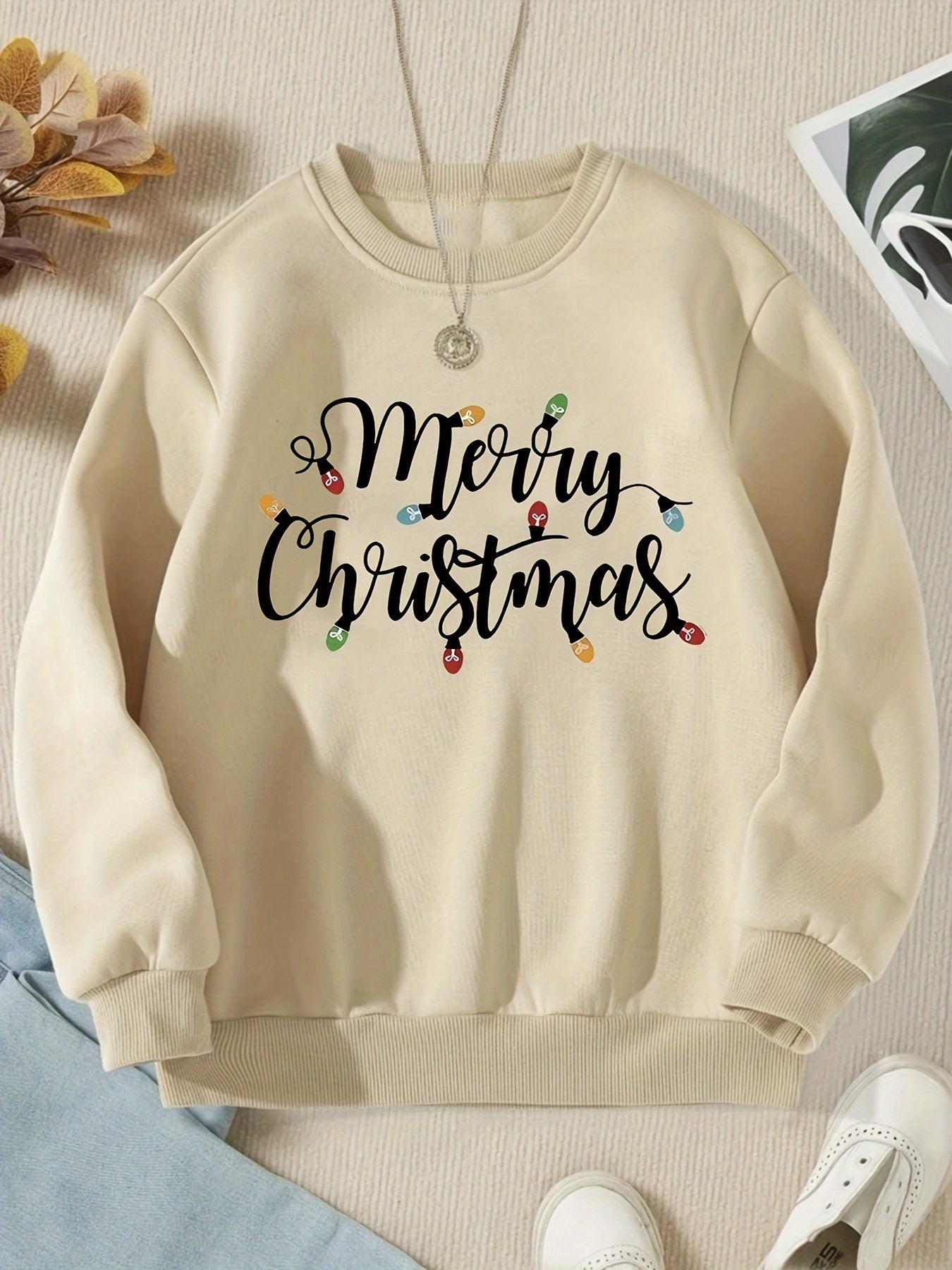 Christmas Print Pullover Sweatshirt - Cozy Casual Long Sleeve Crew Neck Sweatshirt for Fall and Winter, Women's Comfortable Clothing for Holiday Season