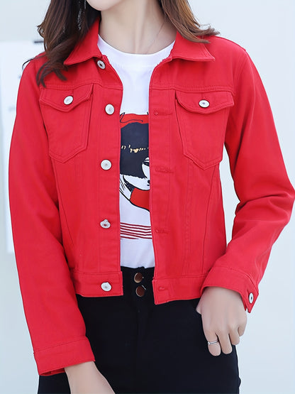 Long Sleeves Denim Coats, Single-Breasted Button Flap Pockets Lapel Denim Jackets, Women's Denim Clothing