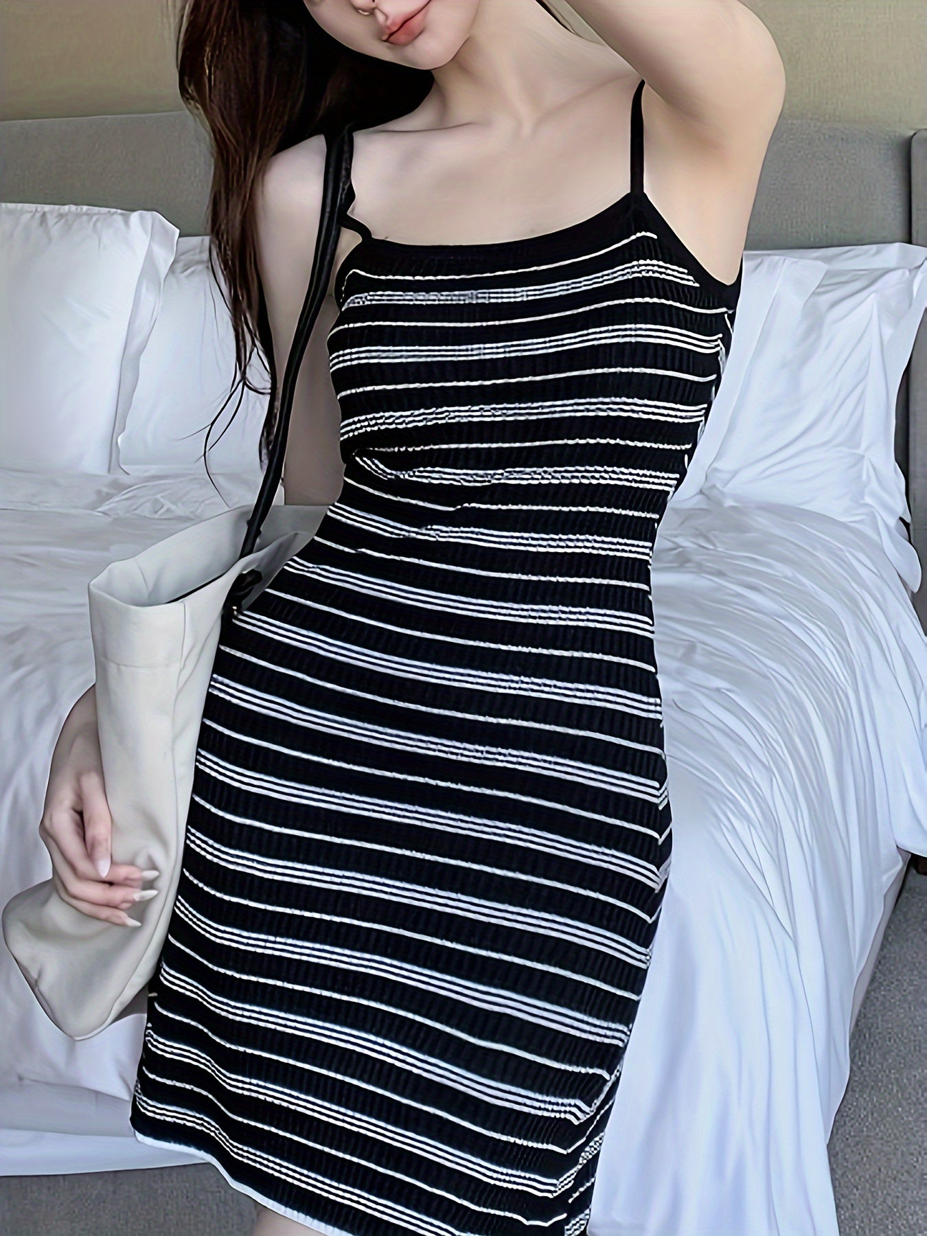 vlovelaw  Striped Spaghetti Strap dress, Casual Sleeveless Cami Dress For Spring & Summer, Women's Clothing