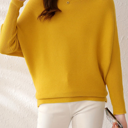 Solid Batwing Sleeve Knit Sweater, Casual Boat Neck Sweater For Spring & Fall, Women's Clothing