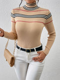 vlovelaw Striped Turtle Neck Pullover Sweater, Casual Long Sleeve Slim Sweater For Fall & Winter, Women's Clothing