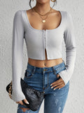 vlovelaw  Solid Crew Neck Crop T-Shirt, Casual Long Sleeve Top For Spring & Fall, Women's Clothing