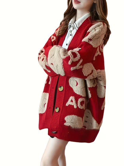 vlovelaw Bear & Letter Pattern Button Front Cardigan, Elegant Long Sleeve Drop Shoulder Outwear, Women's Clothing
