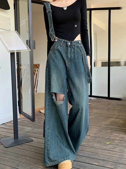 vlovelaw  Ripped Vintage Washed Wide Leg Denim Jeans, Loose Fit Adjustable Strap Comfy Denim Overalls, Women's Denim Jeans & Clothing