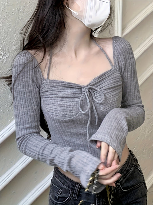 vlovelaw Curved Hem Tie Front T-Shirt, Elegant Square Neck Crop Solid T-Shirt For Spring & Fall, Women's Clothing
