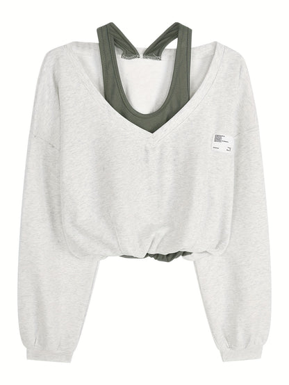 vlovelaw  Faux Twinset Patch Pullover Sweatshirt, Casual Long Sleeve Crop Top, Women's Clothing