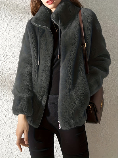 xieyinshe  Drawstring Teddy Coat, Casual Zip Up Long Sleeve Warm Outerwear, Women's Clothing