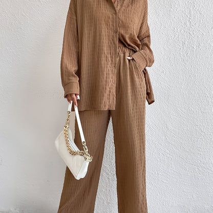 vlovelaw  Casual Textured Solid Two-piece Set, Long Sleeve Button Front Shirt & Straight Leg Pants Outfits, Women's Clothing