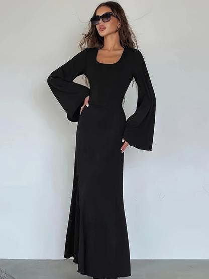 vlovelaw  Solid Flared Long Sleeve Dress, Casual Squared Neck Maxi Dress, Women's Clothing